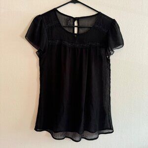 Small Maurices Black Sheer Small Keyhole Button Back Short Sleeve Top Blouse